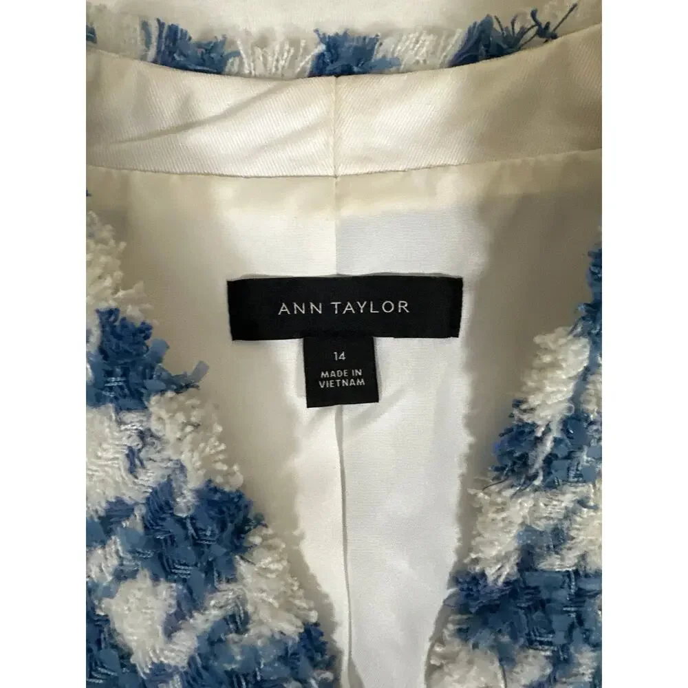 Ann Taylor Blue White Tweed Fringe The Cutaway Jacket Women’s Large Open Front